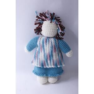 Knitted Faceless Rag Doll, 13", Blue White Dress, Female Figure, Soft Toy,